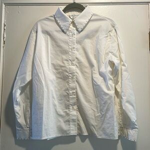 St. John Collections White Black Mirrored Neckline Cuffs Button-Down Blouse